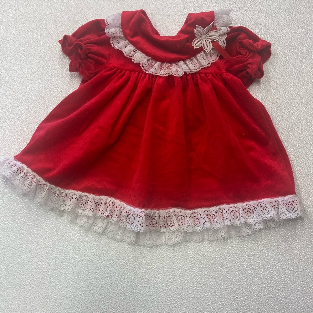 Vintage Red Velvet 12 Month Dress with Lace Trim